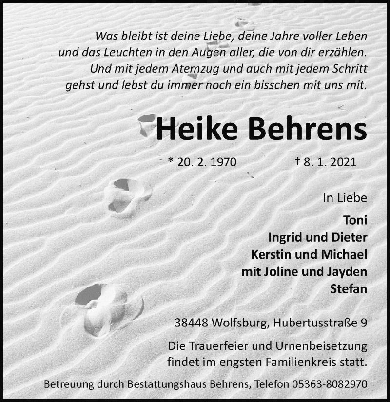  Traueranzeige für Heike Behrens vom 16.01.2021 aus Aller Zeitung