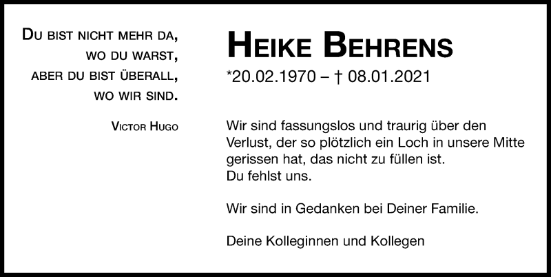  Traueranzeige für Heike Behrens vom 16.01.2021 aus Aller Zeitung