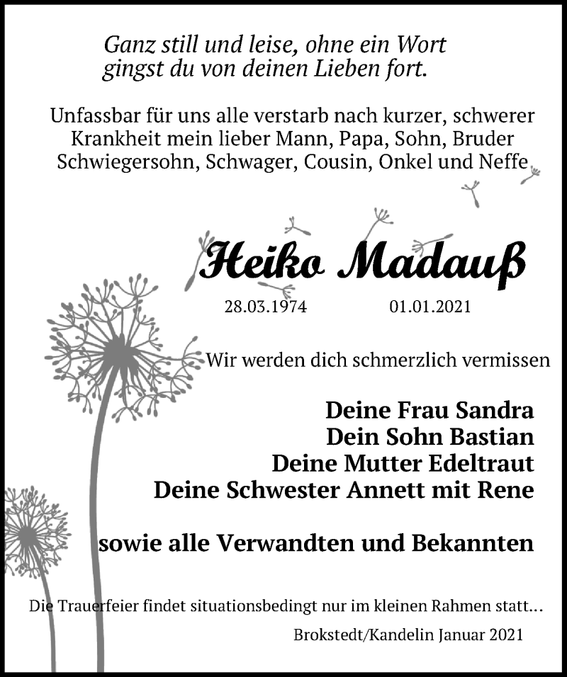  Traueranzeige für Heiko Madauß vom 09.01.2021 aus Ostsee-Zeitung GmbH