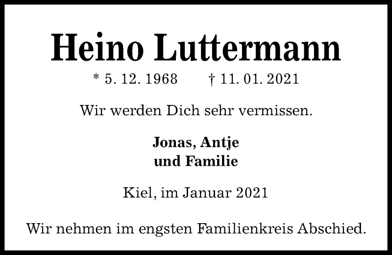 Traueranzeige für Heino Luttermann vom 16.01.2021 aus Kieler Nachrichten