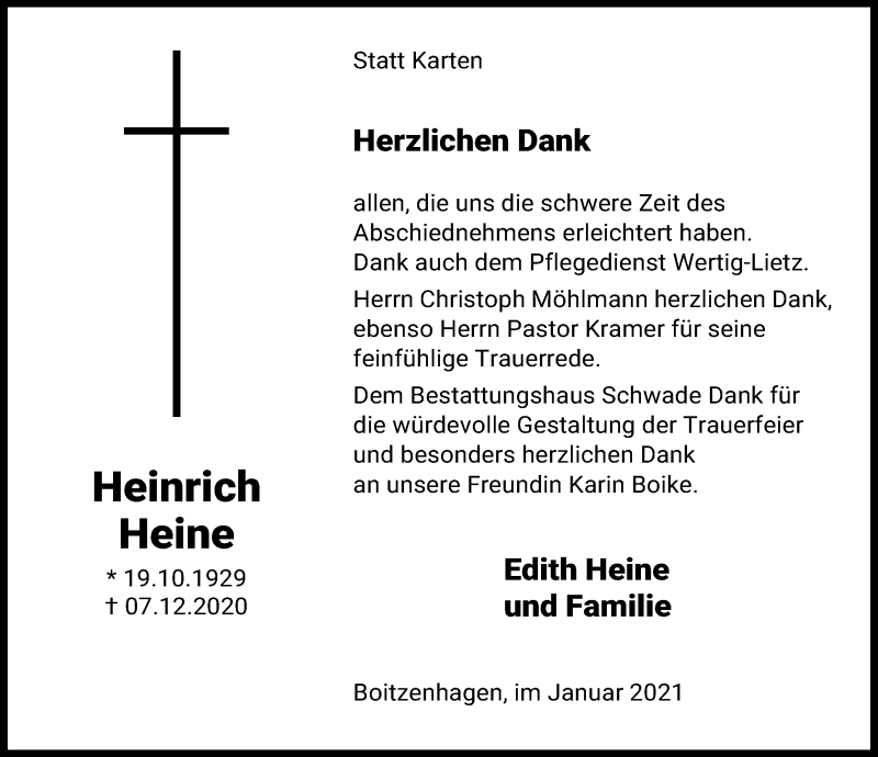  Traueranzeige für Heinrich Heine vom 09.01.2021 aus Aller Zeitung