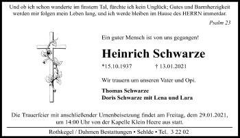 Traueranzeige von Heinrich Schwarze von Peiner Allgemeine Zeitung