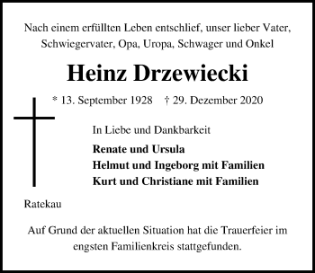 Traueranzeige von Heinz Drzewiecki von Lübecker Nachrichten