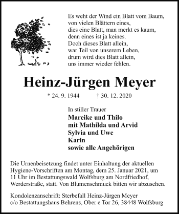Traueranzeige von Heinz-Jürgen Meyer von Aller Zeitung