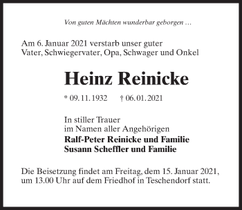 Traueranzeige von Heinz Reinicke von Märkischen Allgemeine Zeitung