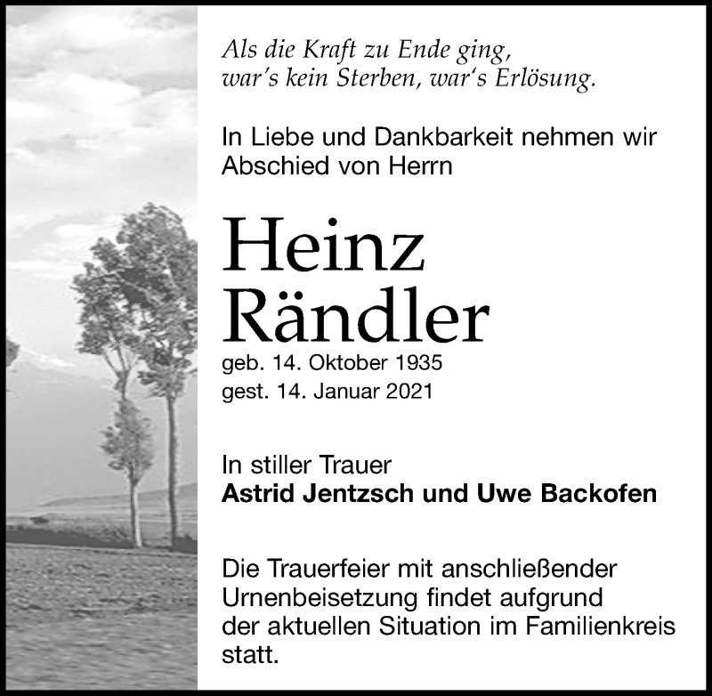  Traueranzeige für Heinz Rändler vom 23.01.2021 aus Leipziger Volkszeitung