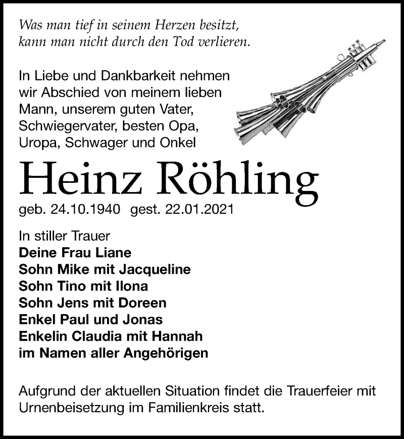  Traueranzeige für Heinz Röhling vom 30.01.2021 aus Leipziger Volkszeitung