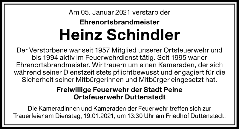  Traueranzeige für Heinz Schindler vom 09.01.2021 aus Peiner Allgemeine Zeitung