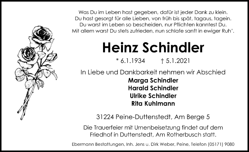  Traueranzeige für Heinz Schindler vom 09.01.2021 aus Peiner Allgemeine Zeitung