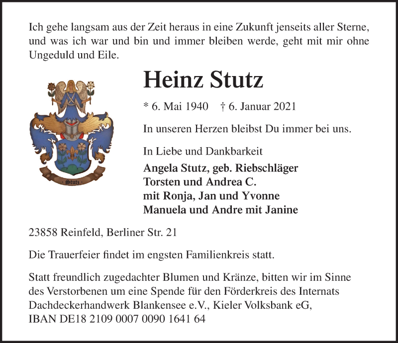  Traueranzeige für Heinz Stutz vom 10.01.2021 aus Lübecker Nachrichten