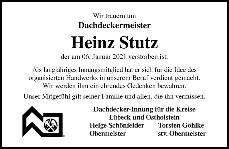  Traueranzeige für Heinz Stutz vom 10.01.2021 aus Lübecker Nachrichten
