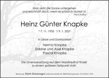 Traueranzeige von Heinz Günter Knapke von Hannoversche Allgemeine Zeitung/Neue Presse