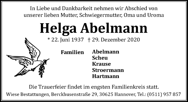  Traueranzeige für Helga Abelmann vom 06.01.2021 aus Hannoversche Allgemeine Zeitung/Neue Presse