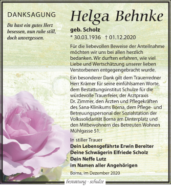 Traueranzeige von Helga Behnke von Leipziger Volkszeitung