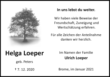 Traueranzeige von Helga Loeper von Aller Zeitung