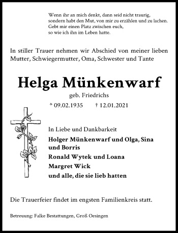 Traueranzeige von Helga Münkenwarf von Aller Zeitung