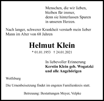 Traueranzeige von Helmut Klein von Aller Zeitung