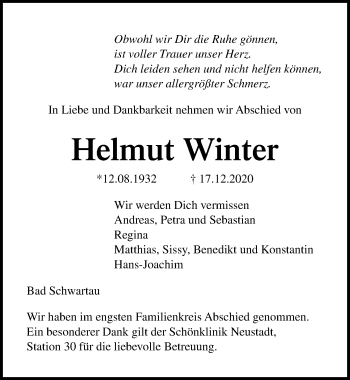 Traueranzeige von Helmut Winter von Lübecker Nachrichten