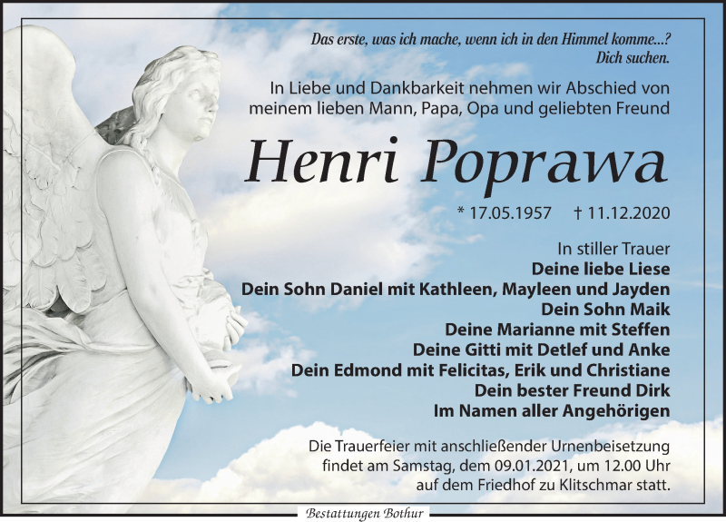  Traueranzeige für Henri Poprawa vom 02.01.2021 aus Leipziger Volkszeitung