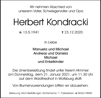 Traueranzeige von Herbert Kondracki von Aller Zeitung