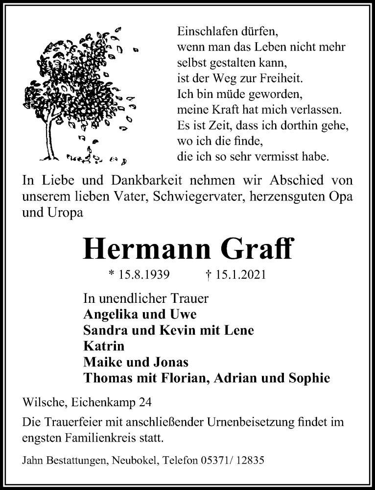  Traueranzeige für Hermann Graff vom 19.01.2021 aus Aller Zeitung