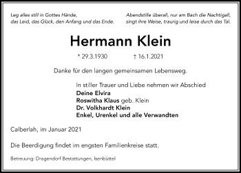 Traueranzeige von Hermann Klein von Aller Zeitung