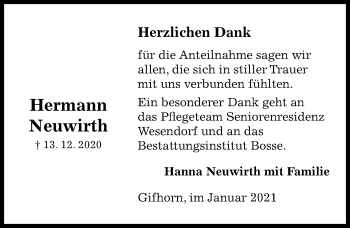 Traueranzeige von Hermann Neuwirth von Aller Zeitung