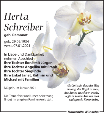 Traueranzeige von Herta Schreiber von Leipziger Volkszeitung