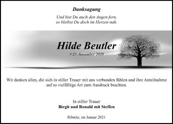 Traueranzeige von Hilde Beutler von Ostsee-Zeitung GmbH