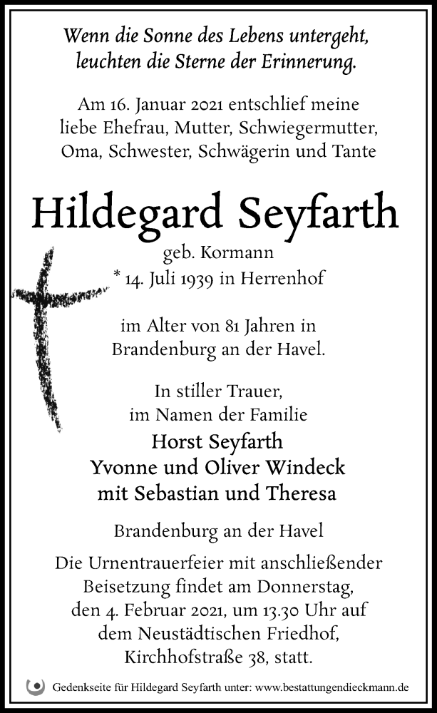  Traueranzeige für Hildegard Seyfarth vom 23.01.2021 aus Märkischen Allgemeine Zeitung