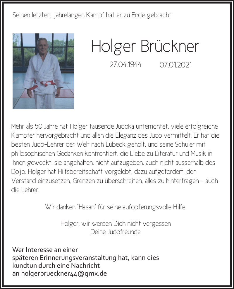  Traueranzeige für Holger Brückner vom 17.01.2021 aus Lübecker Nachrichten