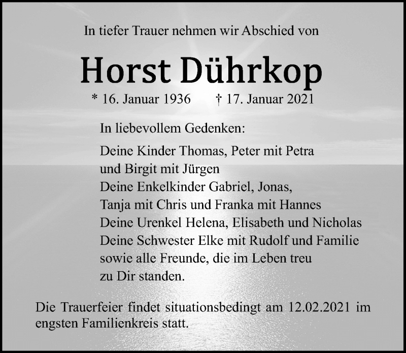  Traueranzeige für Horst Dührkop vom 23.01.2021 aus Ostsee-Zeitung GmbH