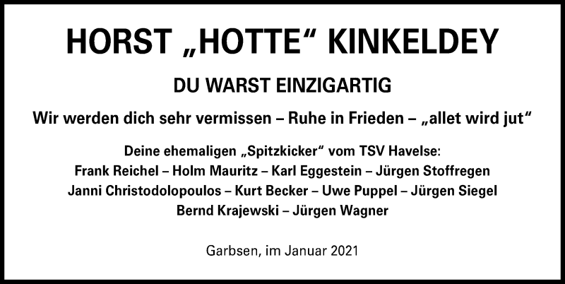  Traueranzeige für Horst Kinkeldey vom 09.01.2021 aus Hannoversche Allgemeine Zeitung/Neue Presse