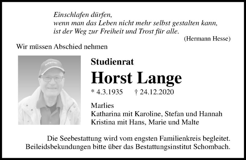  Traueranzeige für Horst Lange vom 09.01.2021 aus Ostsee-Zeitung GmbH