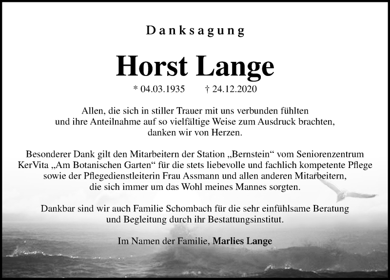  Traueranzeige für Horst Lange vom 23.01.2021 aus Ostsee-Zeitung GmbH