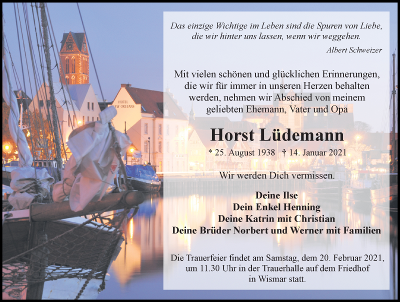  Traueranzeige für Horst Lüdemann vom 23.01.2021 aus Ostsee-Zeitung GmbH
