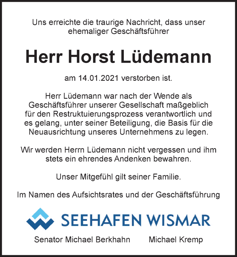  Traueranzeige für Horst Lüdemann vom 30.01.2021 aus Ostsee-Zeitung GmbH