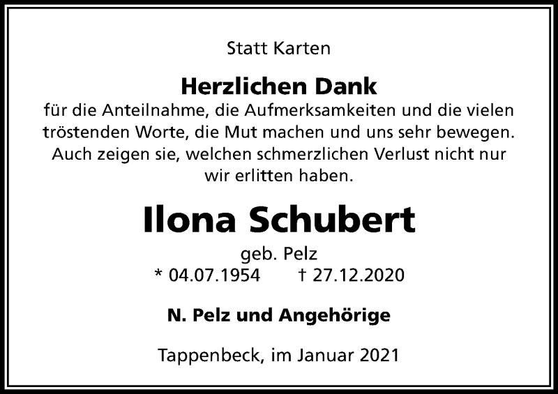  Traueranzeige für Ilona Schubert vom 23.01.2021 aus Aller Zeitung