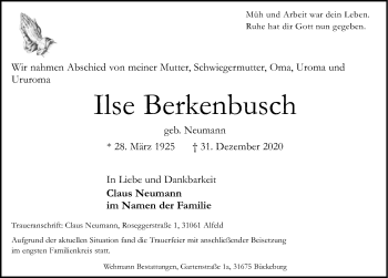 Traueranzeige von Ilse Berkenbusch von Schaumburger Nachrichten