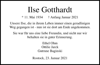 Traueranzeige von Ilse Gotthardt von Ostsee-Zeitung GmbH
