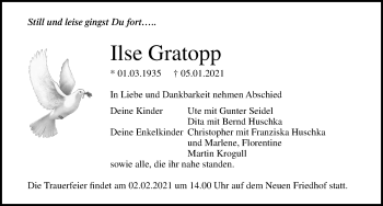 Traueranzeige von Ilse Gratopp von Ostsee-Zeitung GmbH