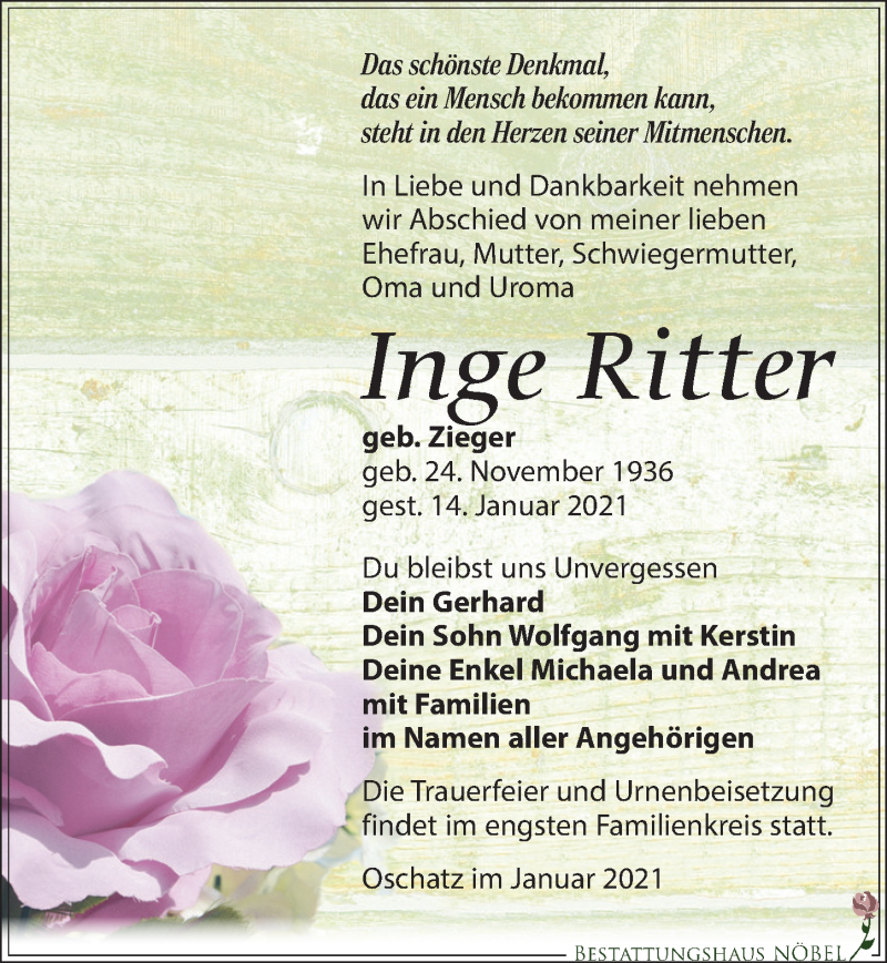  Traueranzeige für Inge Ritter vom 23.01.2021 aus Leipziger Volkszeitung