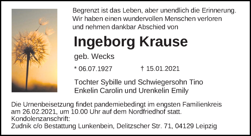  Traueranzeige für Ingeborg Krause vom 30.01.2021 aus Leipziger Volkszeitung