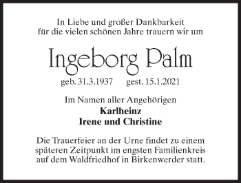 Traueranzeige von Ingeborg Palm von Märkischen Allgemeine Zeitung