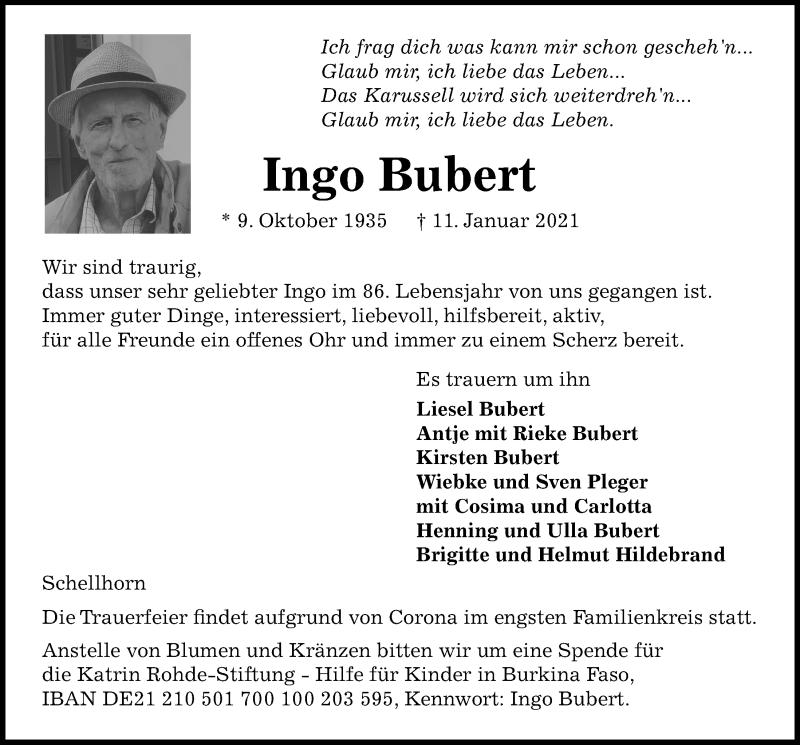  Traueranzeige für Ingo Bubert vom 16.01.2021 aus Kieler Nachrichten