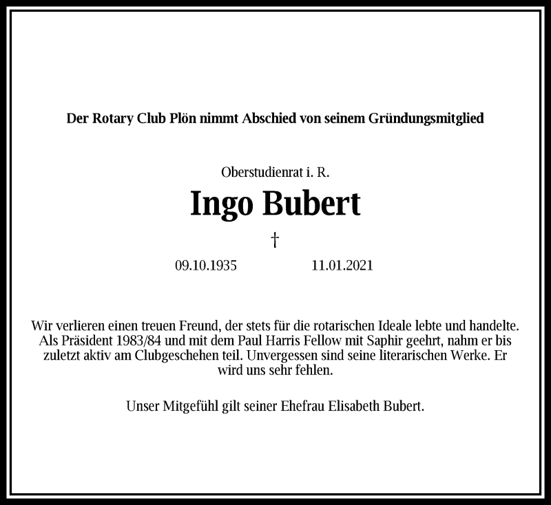  Traueranzeige für Ingo Bubert vom 16.01.2021 aus Kieler Nachrichten