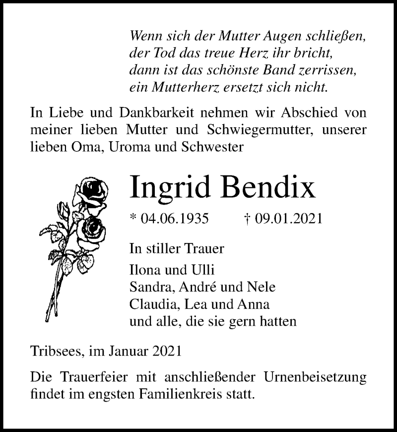  Traueranzeige für Ingrid Bendix vom 16.01.2021 aus Ostsee-Zeitung GmbH