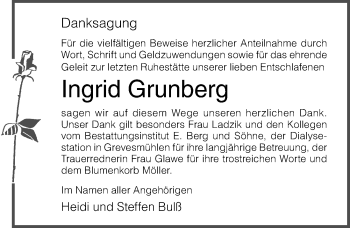 Traueranzeige von Ingrid Grunberg von Ostsee-Zeitung GmbH