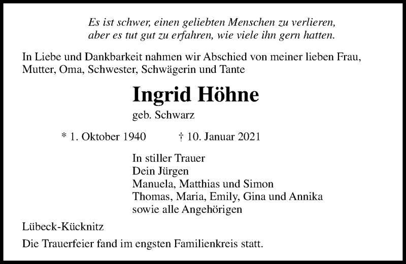  Traueranzeige für Ingrid Höhne vom 24.01.2021 aus Lübecker Nachrichten