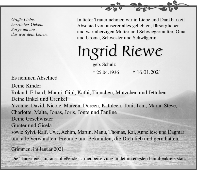 Traueranzeigen von Ingrid Riewe | trauer-anzeigen.de